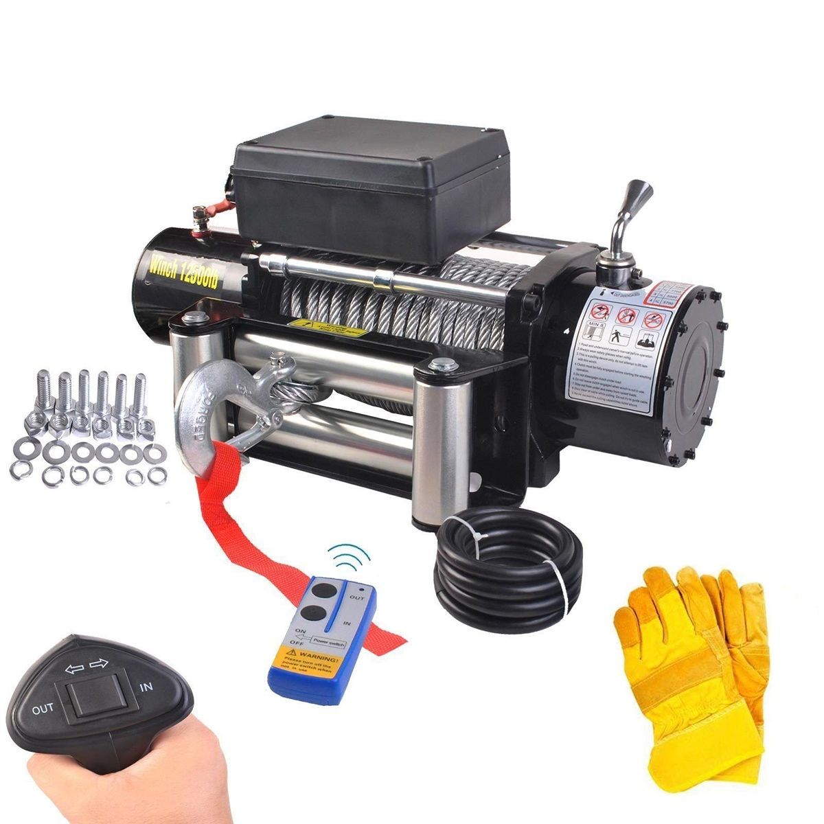 12V Electric Winch Car Towing Winch 4500W Wireless Remote Control Convenient Use Black Steel -
