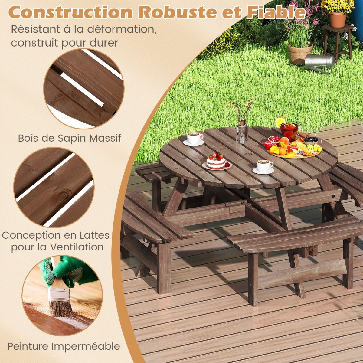 Wooden Picnic Table Set for 2 to 8 People Circular Table and Bench Set with 4 Integrated Benches 5cm Parasol Hole Brown/Yellow -