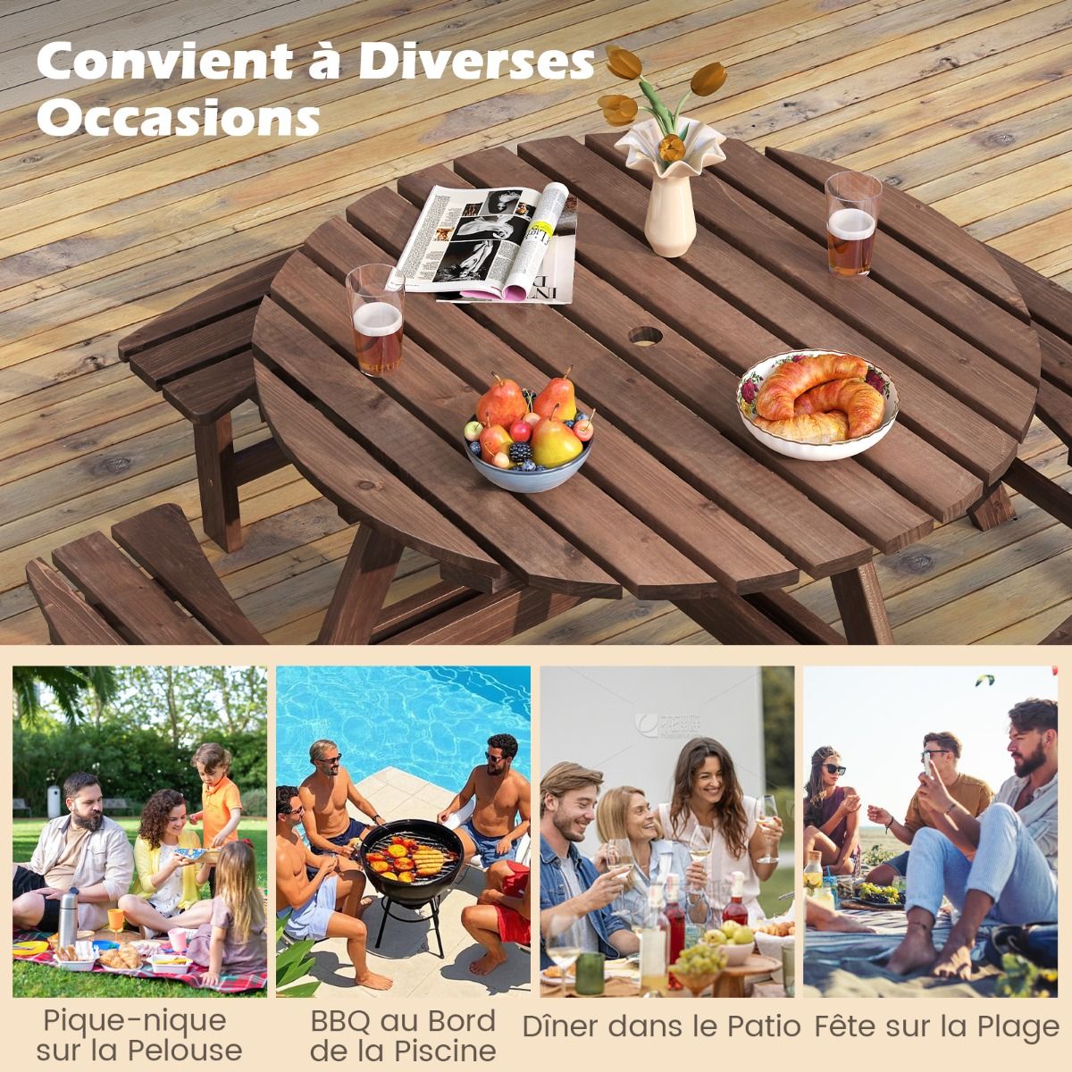 Wooden Picnic Table Set for 2 to 8 People Circular Table and Bench Set with 4 Integrated Benches 5cm Parasol Hole Brown/Yellow -