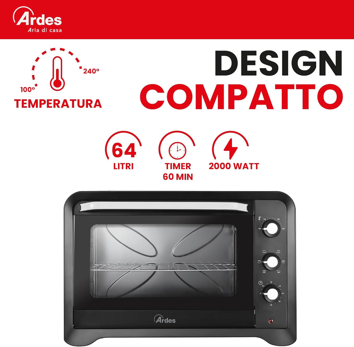 ARDES - AR6264PB Ventilated electric oven 64 liter capacity with internal light 6 cooking functions double glazed timer with MAGNUS accessories, Black