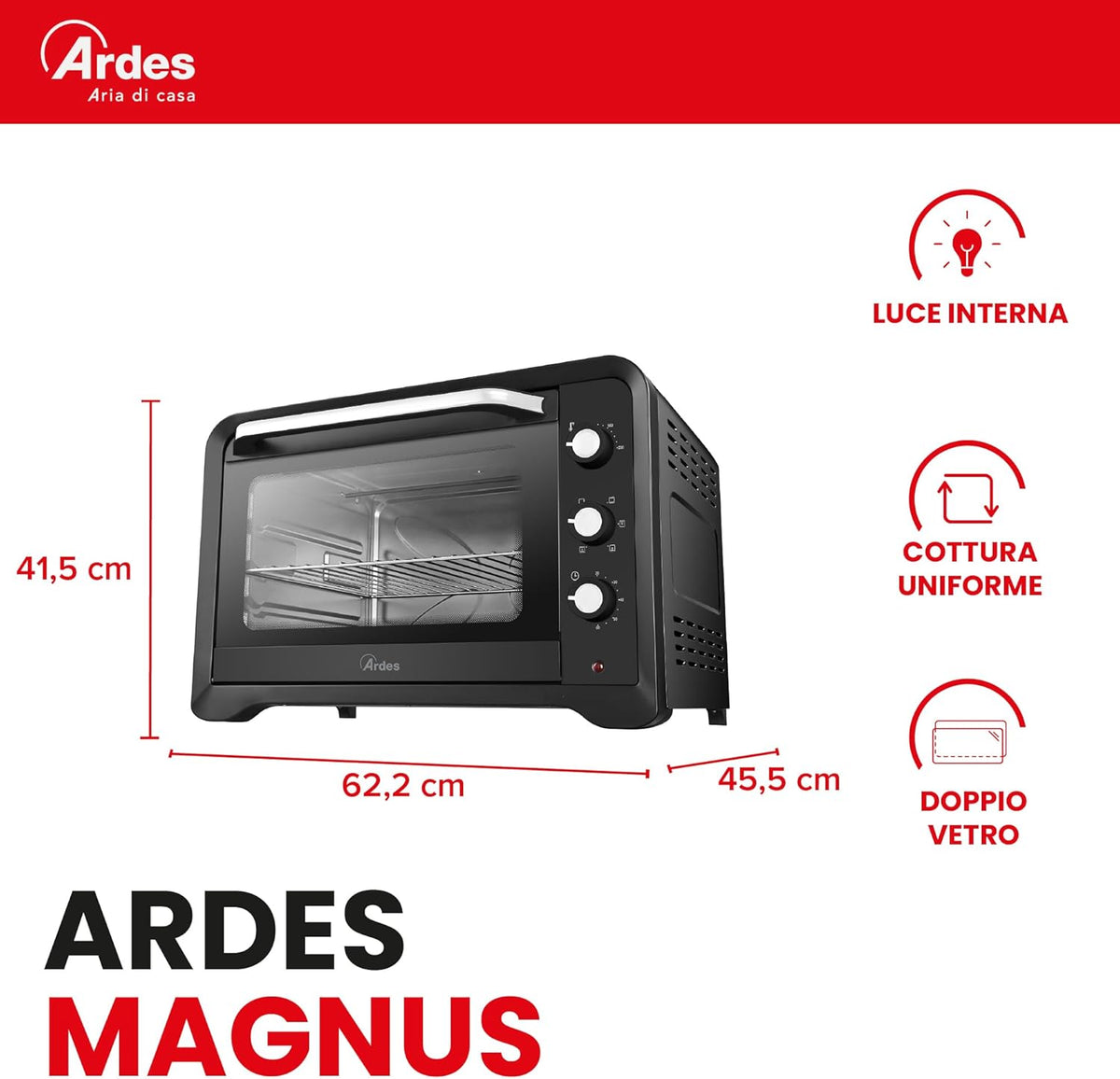 ARDES - AR6264PB Ventilated electric oven 64 liter capacity with internal light 6 cooking functions double glazed timer with MAGNUS accessories, Black