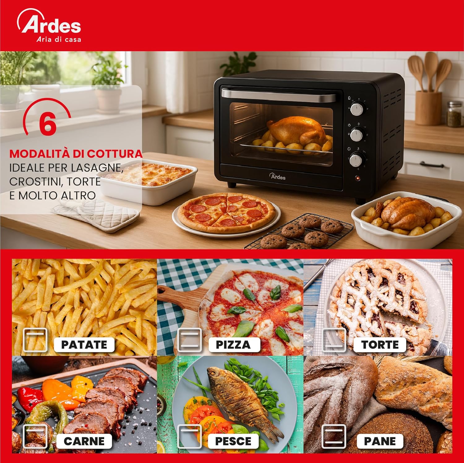 ARDES - AR6264PB Ventilated electric oven 64 liter capacity with internal light 6 cooking functions double glazed timer with MAGNUS accessories, Black