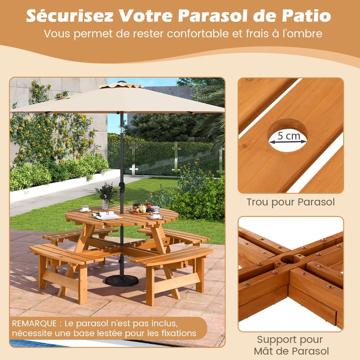 Wooden Picnic Table Set for 2 to 8 People Circular Table and Bench Set with 4 Integrated Benches 5cm Parasol Hole Brown/Yellow -