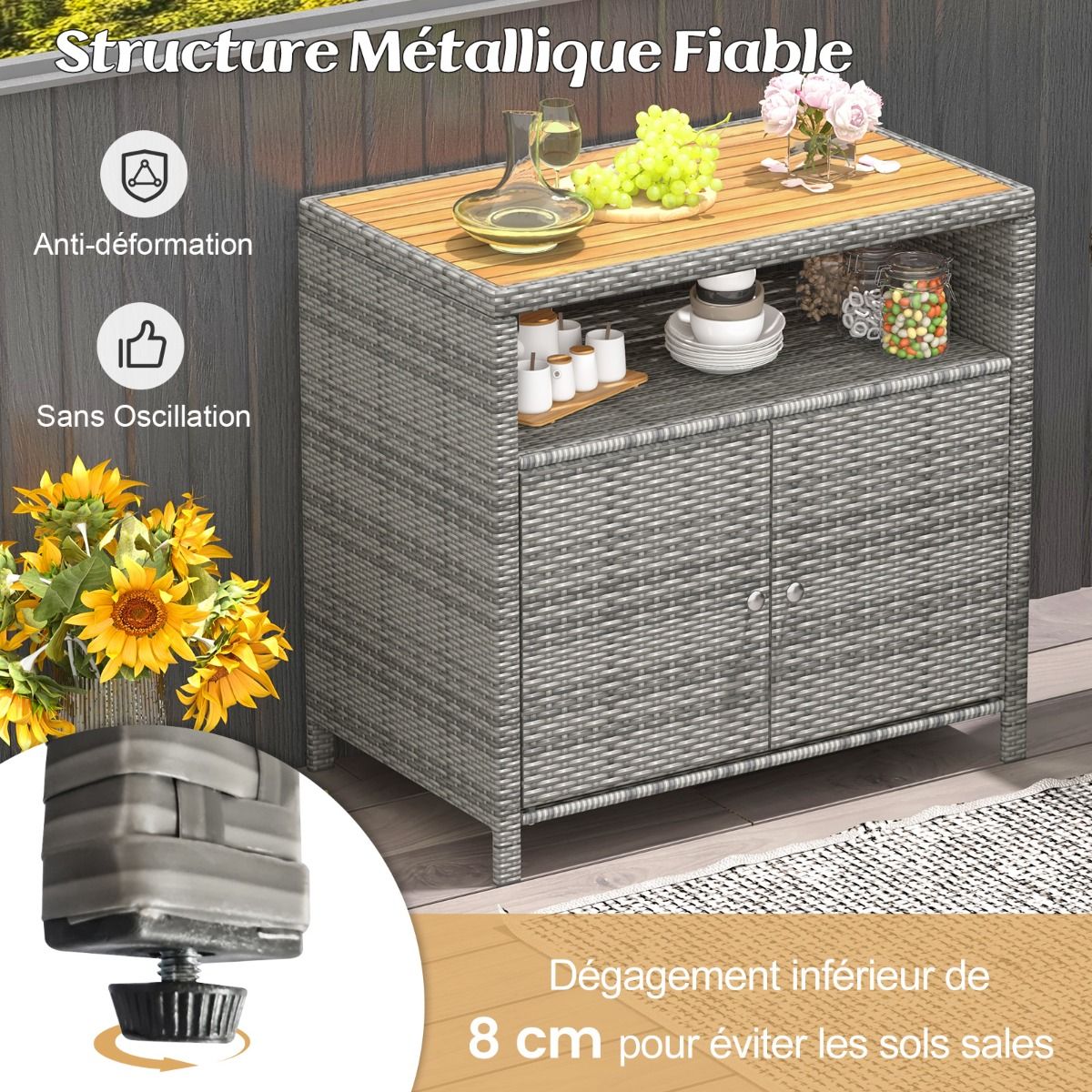 Outdoor Rattan Storage Cabinet Garden Cabinet with Acacia Wood Top Open Compartment 2-Door Sideboard -