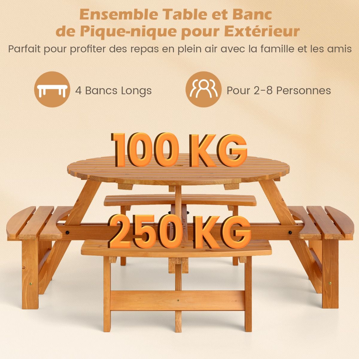 Wooden Picnic Table Set for 2 to 8 People Circular Table and Bench Set with 4 Integrated Benches 5cm Parasol Hole Brown/Yellow -