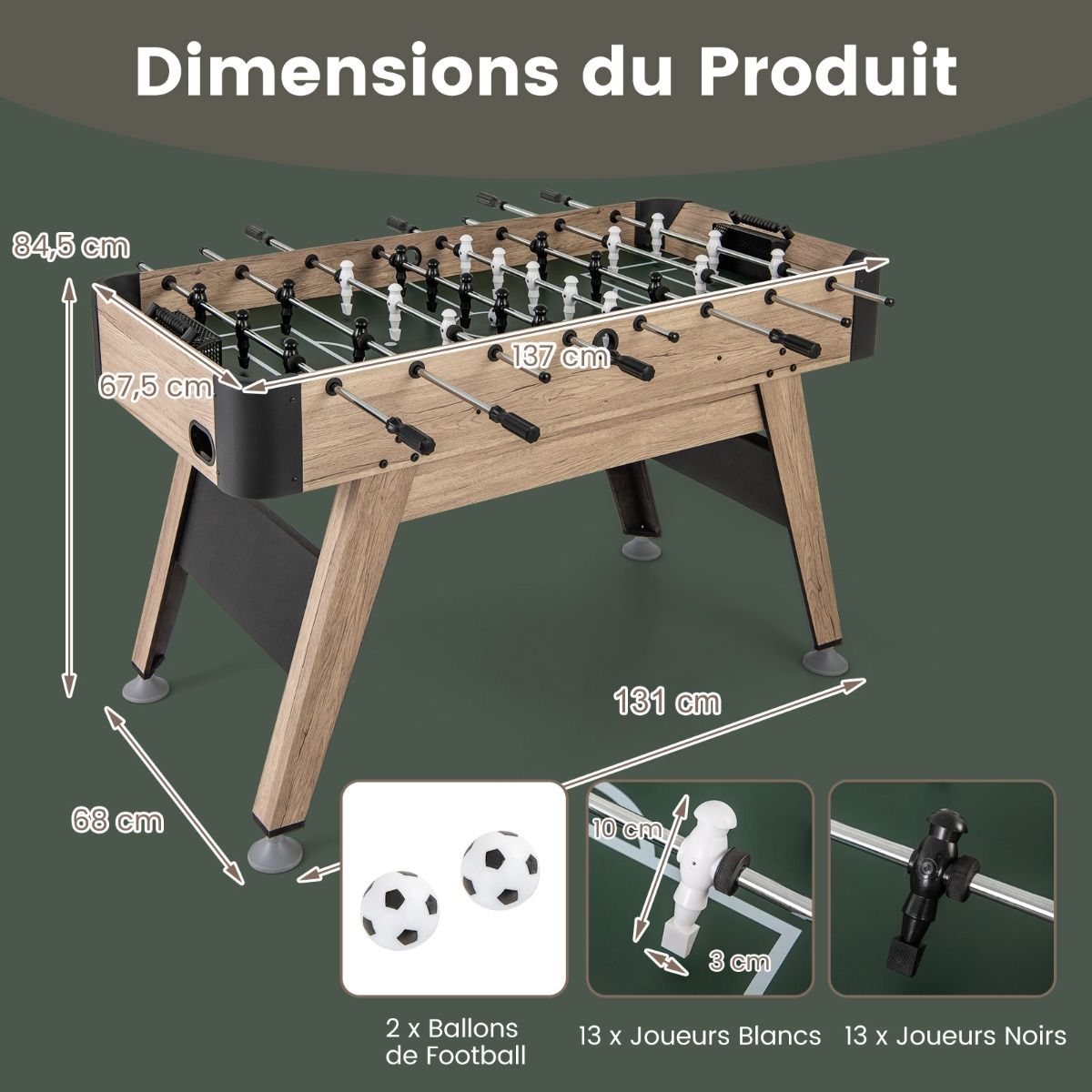138 cm Foosball Table Arcade Football Game Table 2 Balls 26 Players 2 Score Markers Adjustable Feet -
