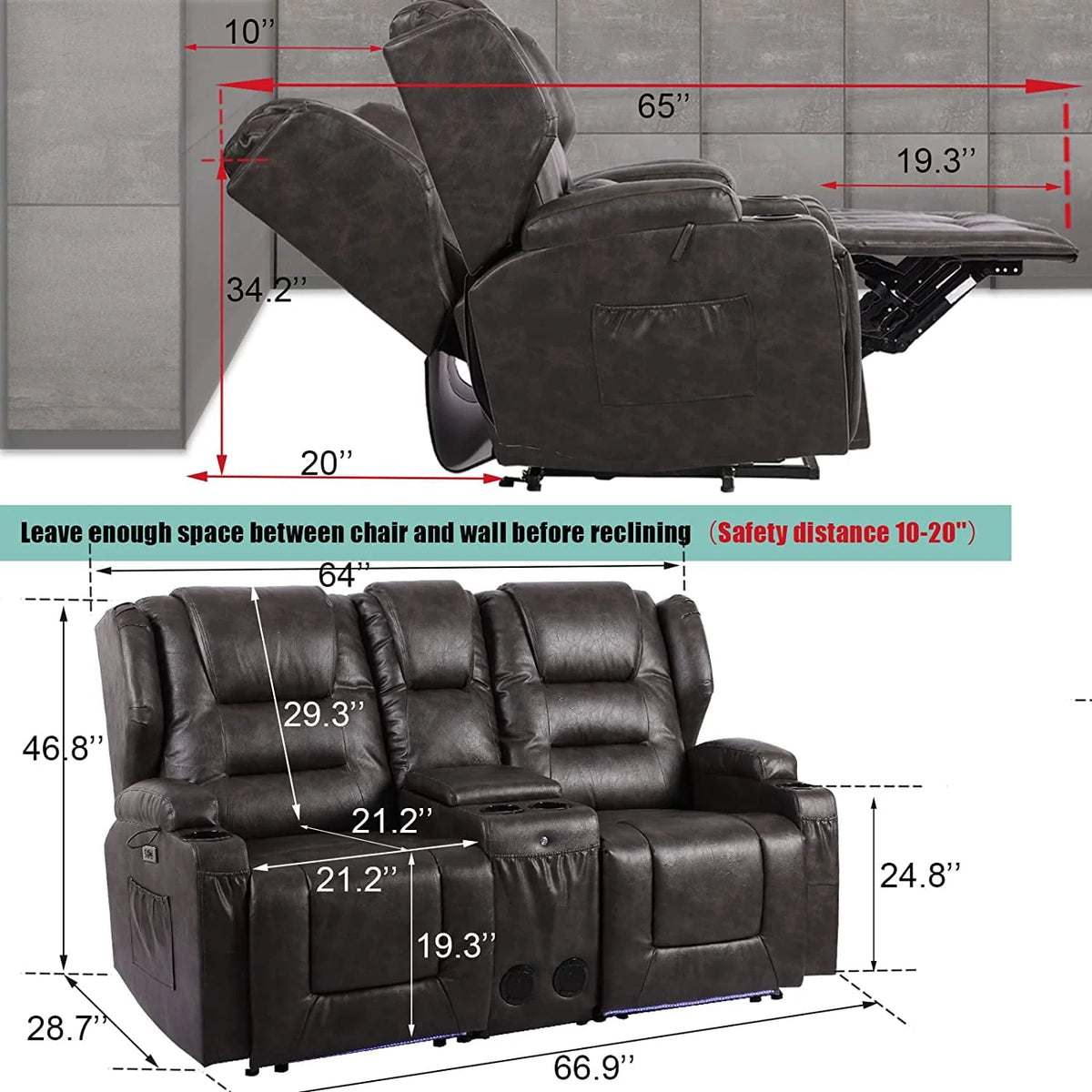IPKIG Electric Home Theater Seating - Power Recline Chair Loveseat RV Sofa with Console - Product image 4