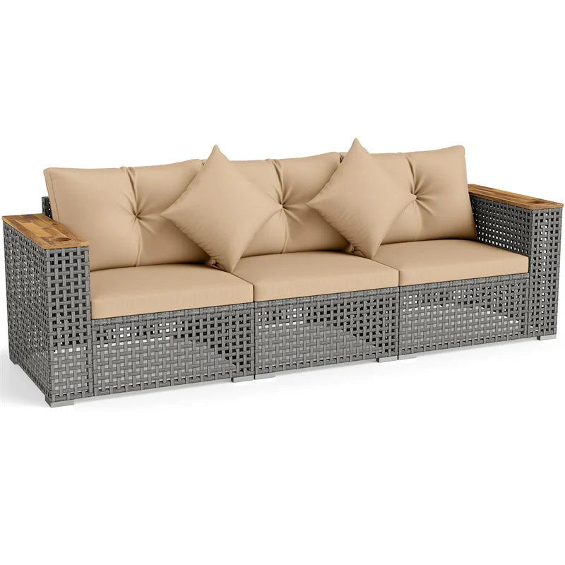 86.5" 3-Seat Patio Wicker Sofa, 3PCS Modular PE Rattan Sectional Furniture Set with Cup Holders & Wood - Product image 13