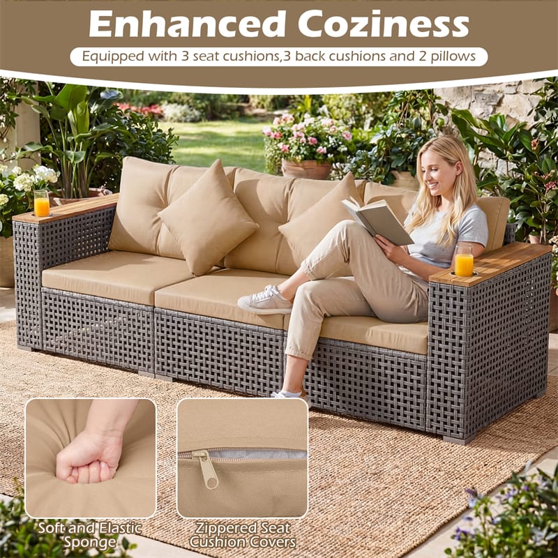 86.5" 3-Seat Patio Wicker Sofa, 3PCS Modular PE Rattan Sectional Furniture Set with Cup Holders & Wood - Product image 16