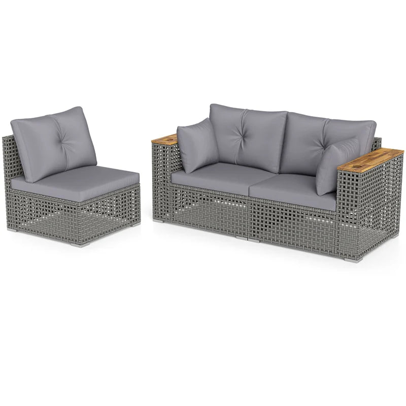 86.5" 3-Seat Patio Wicker Sofa, 3PCS Modular PE Rattan Sectional Furniture Set with Cup Holders & Wood - Product image 1