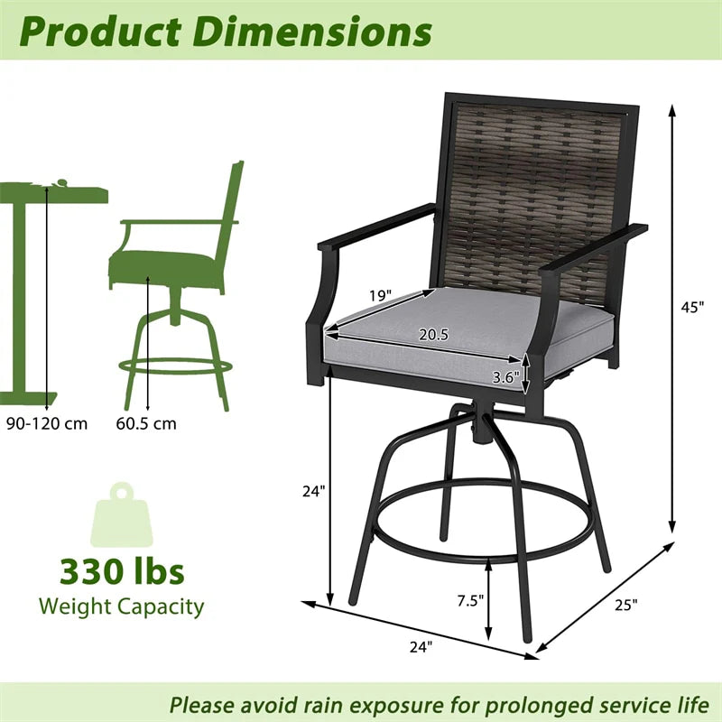 Outdoor PE Wicker Swivel Bar Stools Set of 2, Metal Frame Counter Height Patio Chairs with Back & Cushions - Product image 4