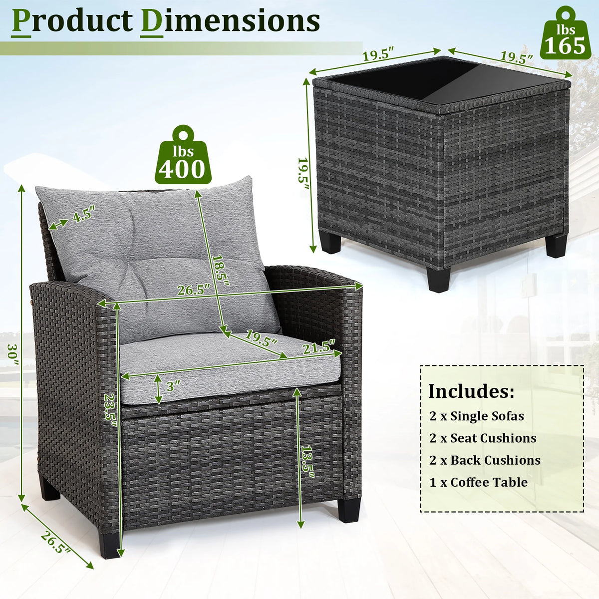 Gymax 3PCS Patio Rattan Sofa Set Outdoor Wicker Conversation Set Glass Tabletop W/ Grey Cushion - Product image 3