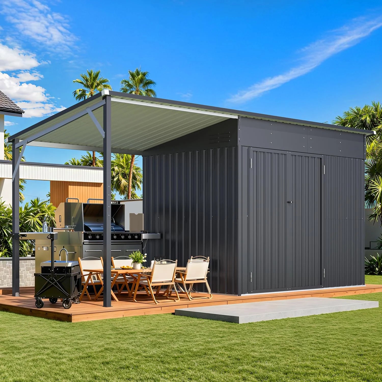 AECOJOY 6'x14' Outdoor Open-Sided Storage Shed with Attached Hardtop Metal Pergola - Product image 2