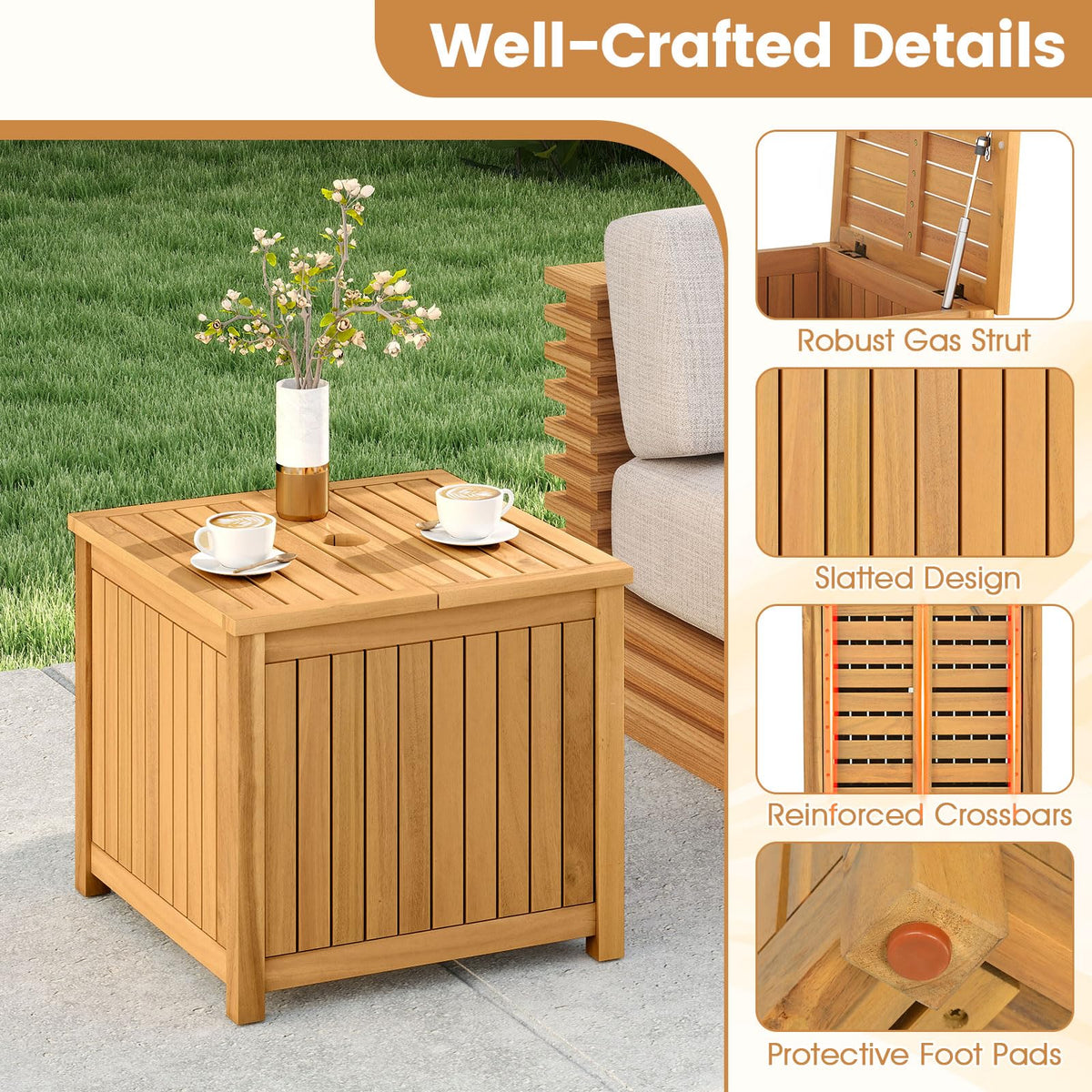 Tangkula 2-in-1 Outdoor Side Table with Storage Acacia Wood Slatted Coffee Table Square Slatted End Storage - Product image 6