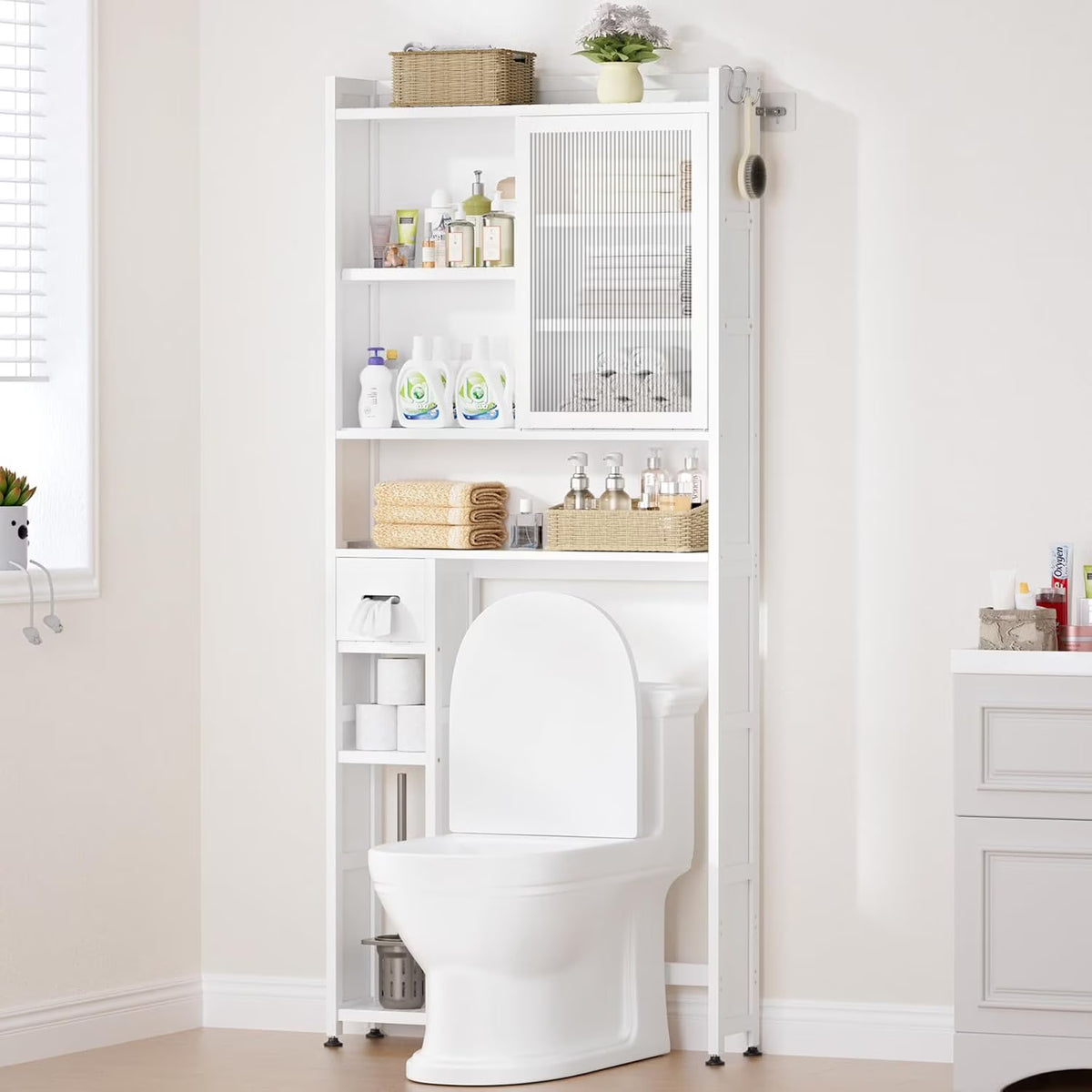Over the Toilet Storage Cabinet with Acrylic Door Panel and Paper Towel Drawer, Bamboo Space Saver Shelf - Product image 1