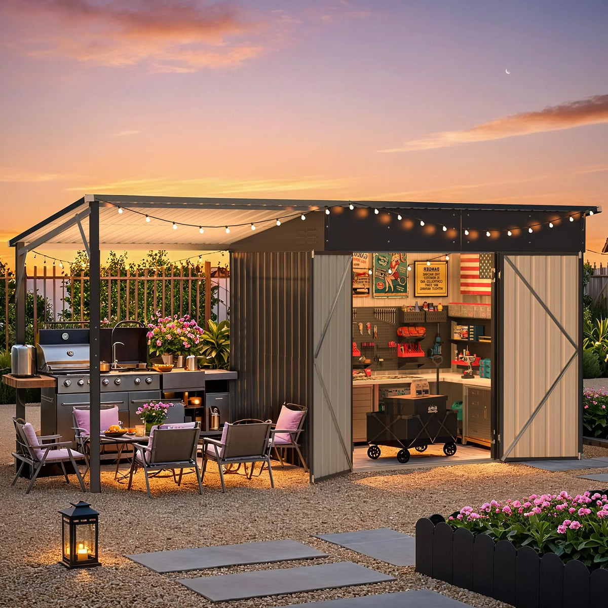 AECOJOY 6'x14' Outdoor Open-Sided Storage Shed with Attached Hardtop Metal Pergola - Product image 8