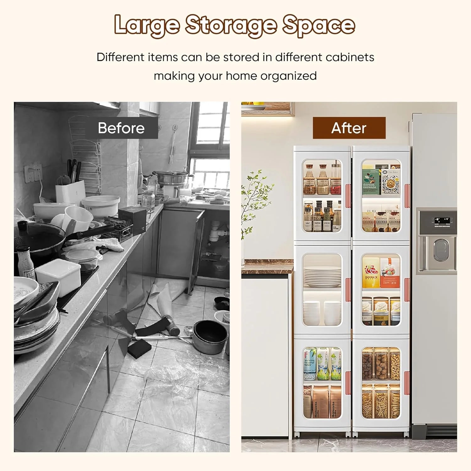 Slim Kitchen Pantry Storage Cabinet with Doors and Shelves, 3 - Tiers Plastic Narrow Storage Organizer - Product image 9