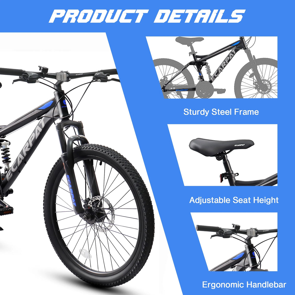 Ecarpat 26 in Mountain Bike, 21 - Speed Bike with Dual Suspension, High - Carbon Steel Frame and Disc Brakes, MTB Commuter Bicycles for Men Women, Black - Blue