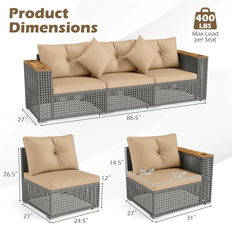 86.5" 3-Seat Patio Wicker Sofa, 3PCS Modular PE Rattan Sectional Furniture Set with Cup Holders & Wood - Product image 15