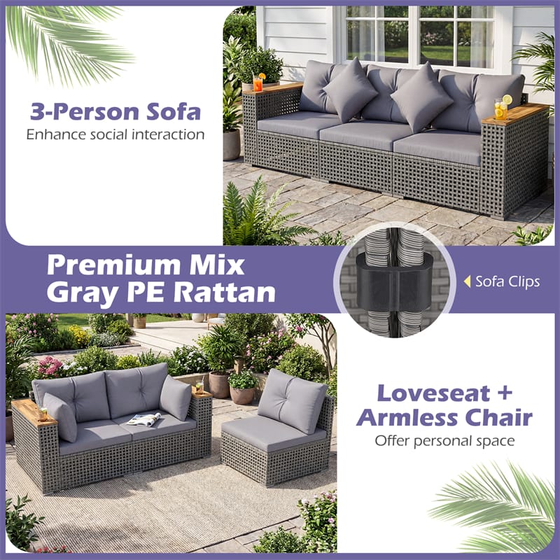 86.5" 3-Seat Patio Wicker Sofa, 3PCS Modular PE Rattan Sectional Furniture Set with Cup Holders & Wood - Product image 6