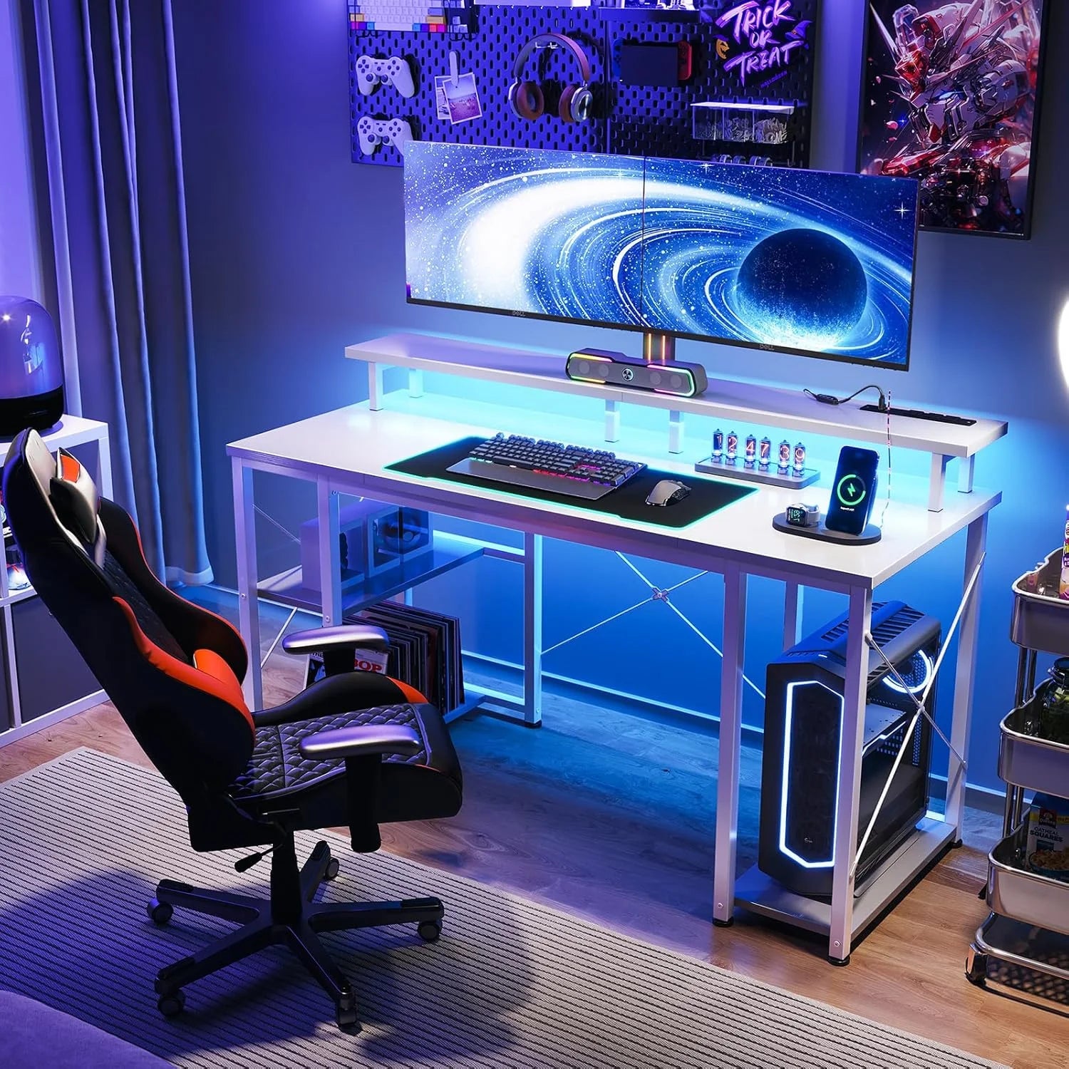ODK 48 in Gaming Desk with LED Lights & Power Outlets, Computer Desk with Monitor Stand & Storage Shelves - Product image 6