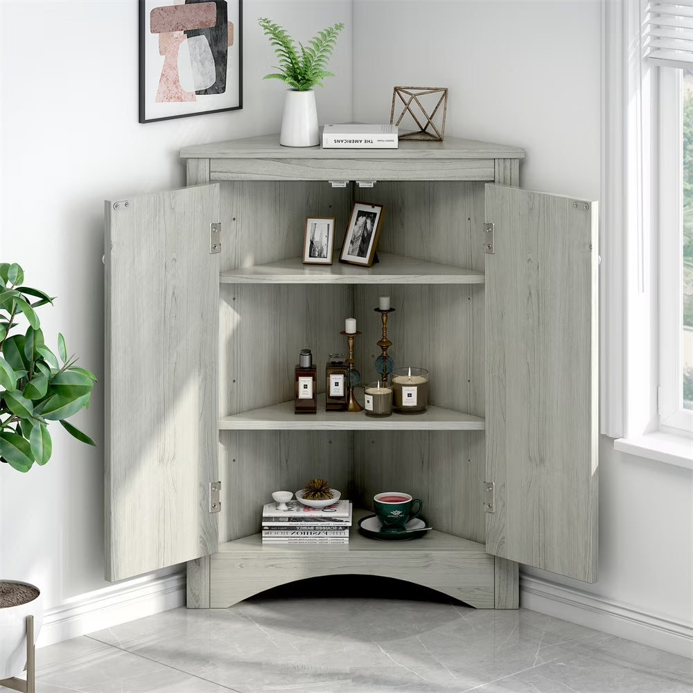 Home Floor Corner Cabinet with Adjustable Shelves and Two Doors, Triangle Bathroom Storage Cabinet - Product image 1