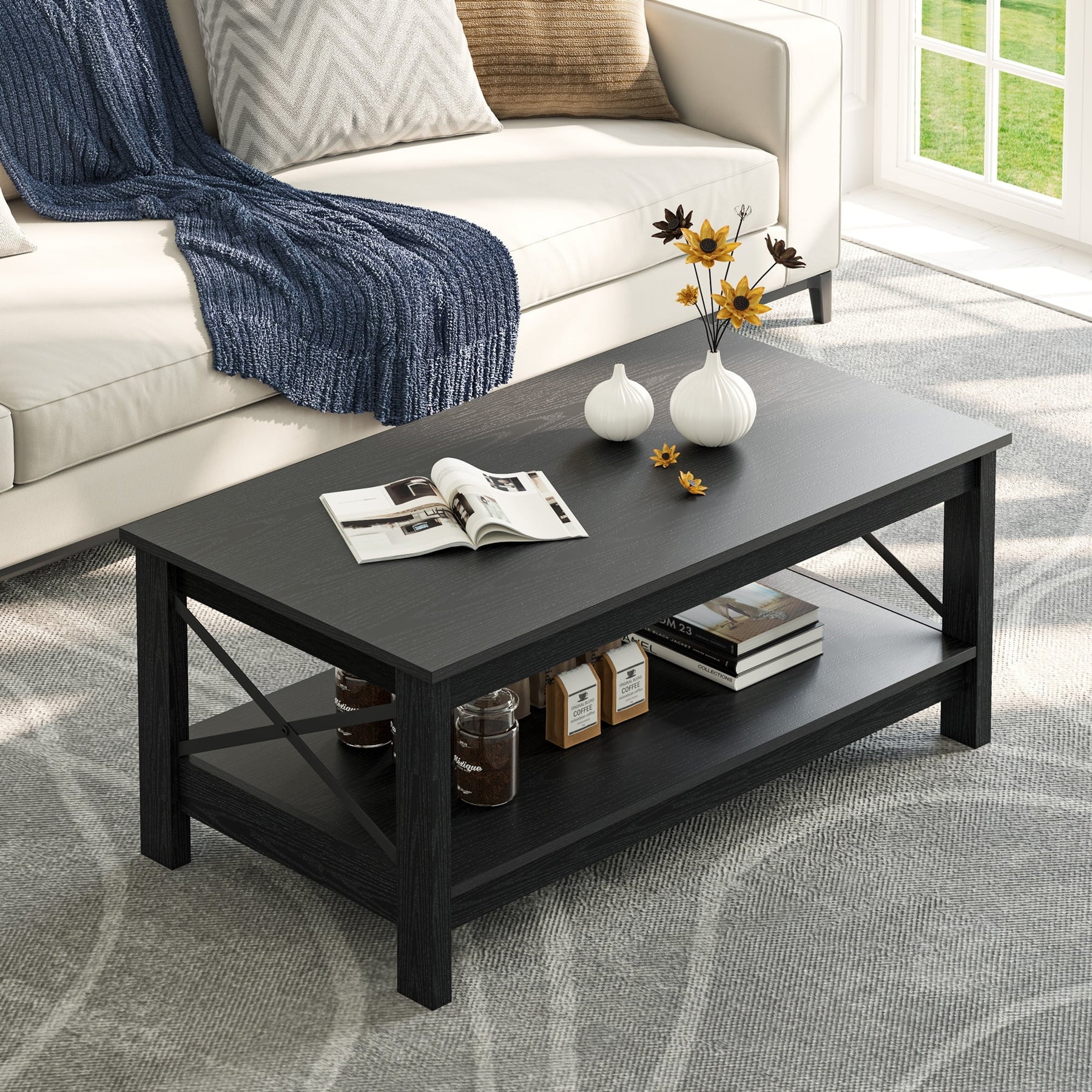 Moasis Farmhouse Coffee Table with Storage 2 - Tier Center Table for Living Room Grey Wash Top+White - Product image 12