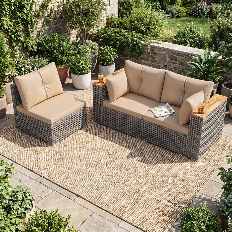 86.5" 3-Seat Patio Wicker Sofa, 3PCS Modular PE Rattan Sectional Furniture Set with Cup Holders & Wood - Product image 20