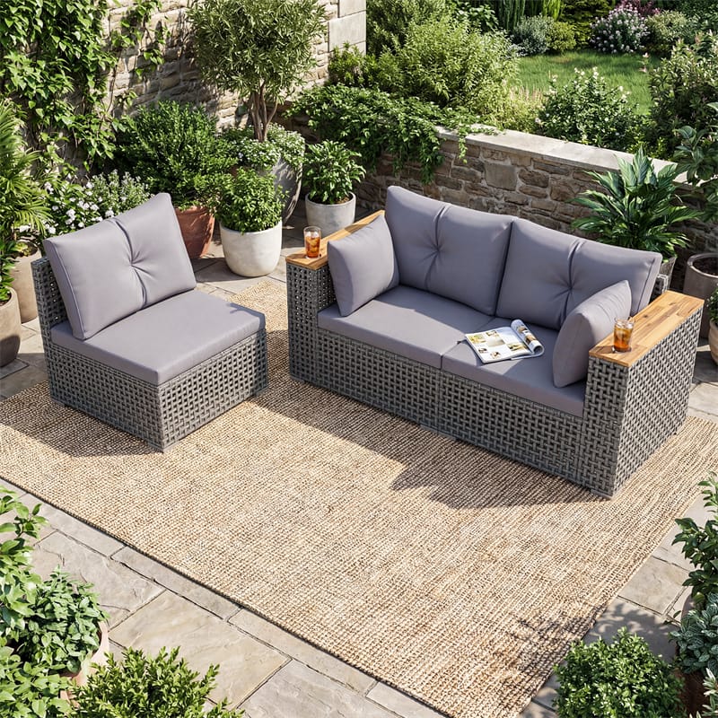 86.5" 3-Seat Patio Wicker Sofa, 3PCS Modular PE Rattan Sectional Furniture Set with Cup Holders & Wood - Product image 10