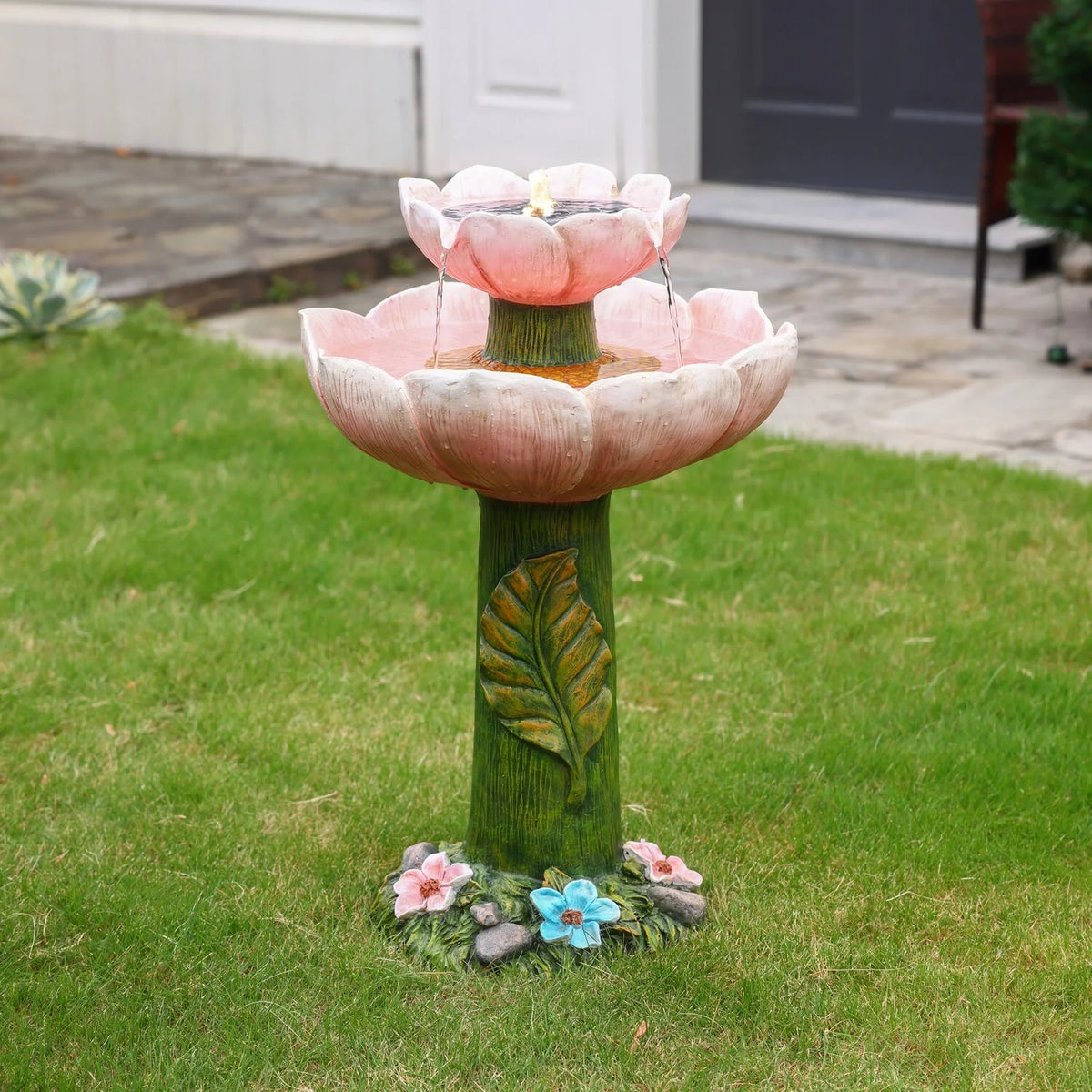 Luxenhome Solar Powered Pink Flower 2 - Tier Resin Birdbath Fountain with Lights - Product image 3