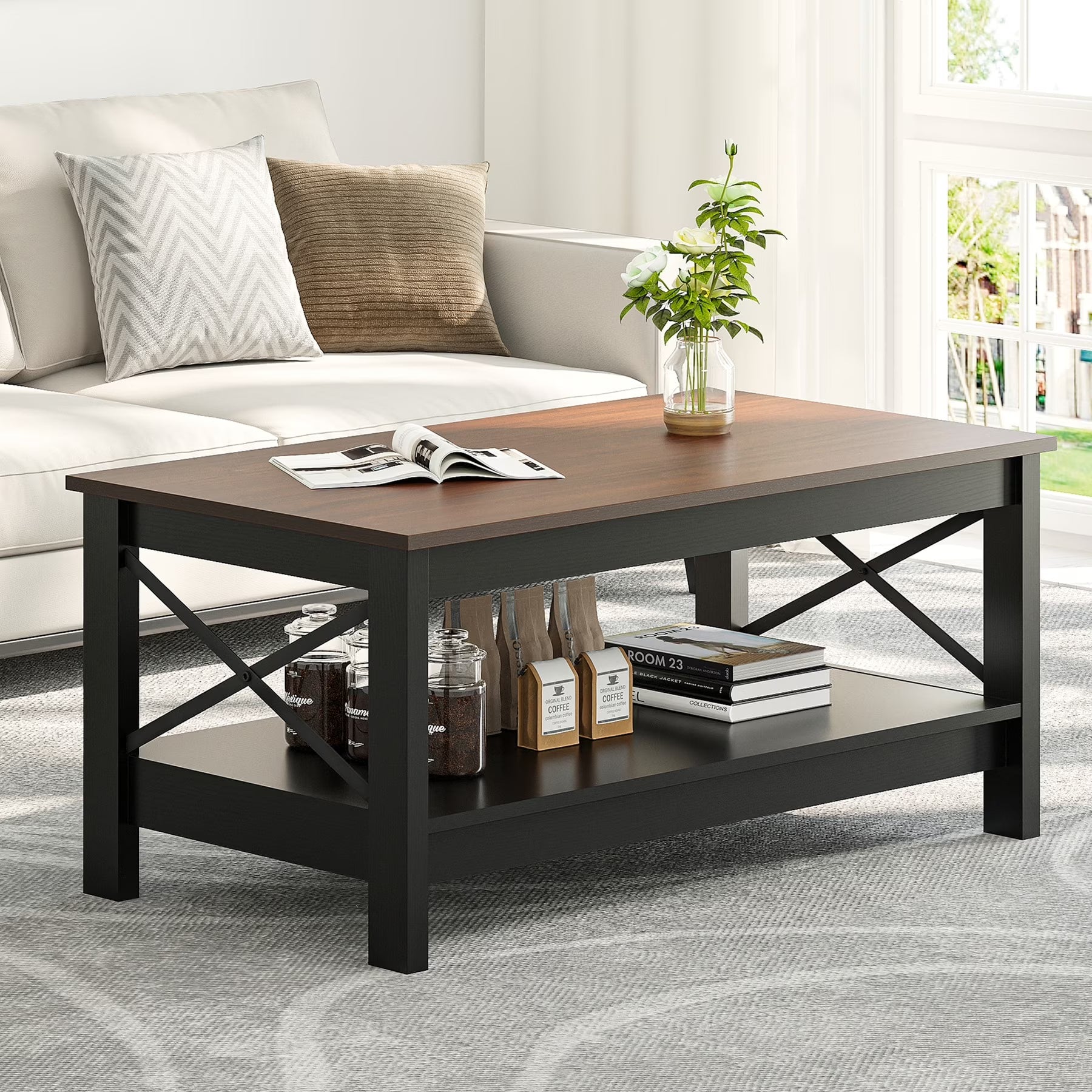 Moasis Farmhouse Coffee Table with Storage 2 - Tier Center Table for Living Room Grey Wash Top+White - Product image 3