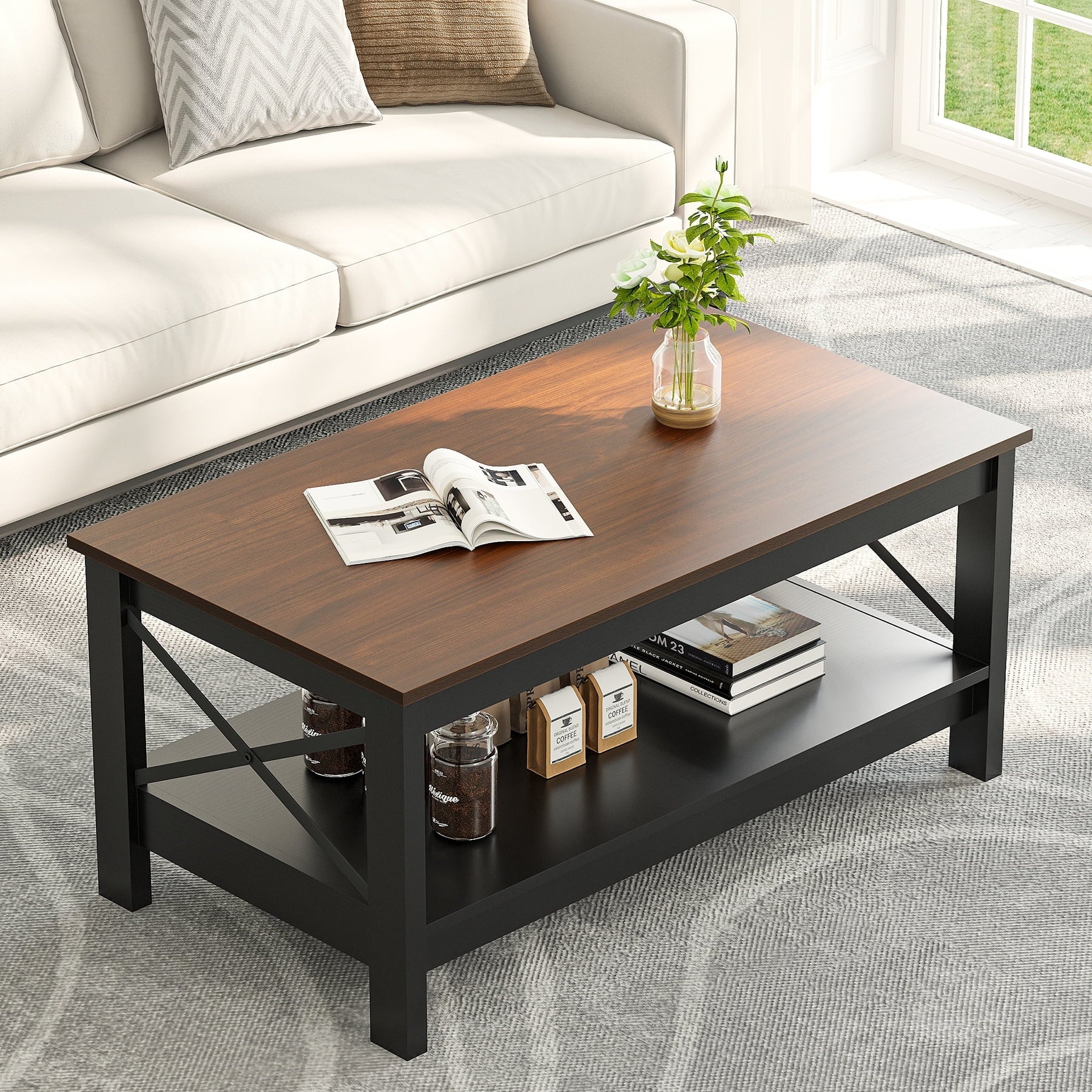 Moasis Farmhouse Coffee Table with Storage 2 - Tier Center Table for Living Room Grey Wash Top+White - Product image 8