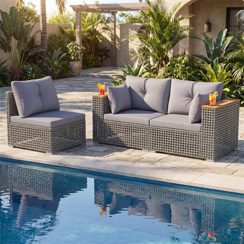 86.5" 3-Seat Patio Wicker Sofa, 3PCS Modular PE Rattan Sectional Furniture Set with Cup Holders & Wood - Product image 4