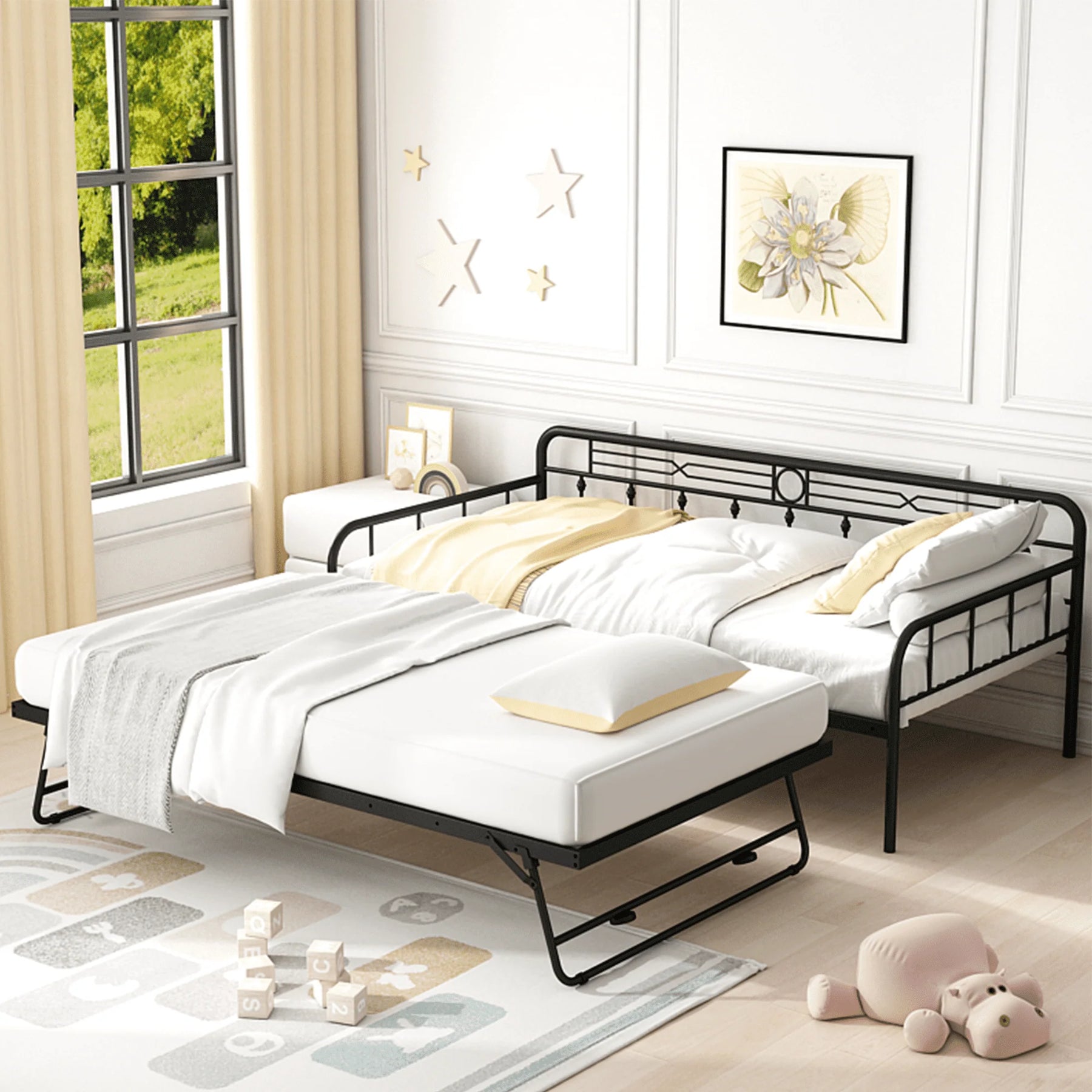 Sesslife Metal Daybed with Adjustable Trundle, Twin Size Daybed with Twin Size Pop up Trundle Bed, Heavy - Product image 1