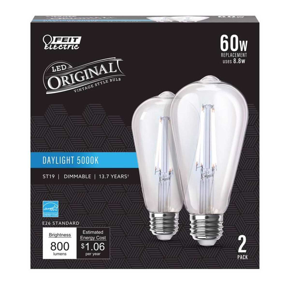 Feit ST19 E26 (Medium) Filament LED Bulb Daylight 60 Watt Equivalence 2 Pk - Product image 1