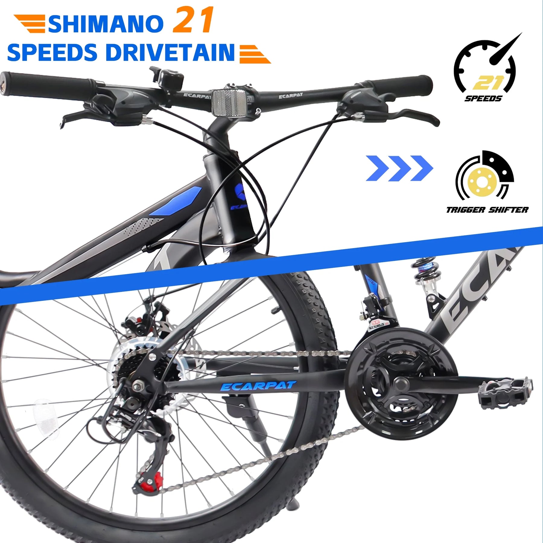Ecarpat 26 in Mountain Bike, 21 - Speed Bike with Dual Suspension, High - Carbon Steel Frame and Disc Brakes, MTB Commuter Bicycles for Men Women, Black - Blue