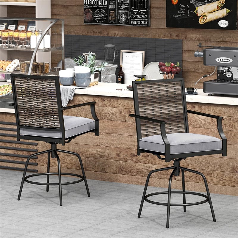 Outdoor PE Wicker Swivel Bar Stools Set of 2, Metal Frame Counter Height Patio Chairs with Back & Cushions - Product image 2
