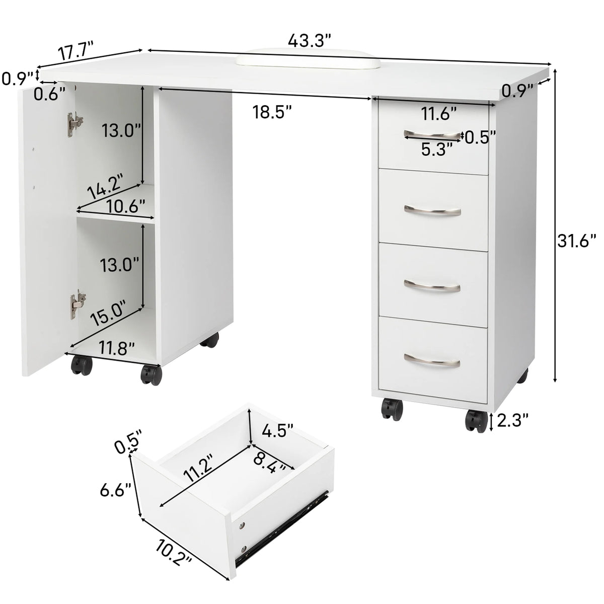 Sesslife White Computer Desk, Writing Desk with Lockable Wheels???modern Wood Study Desk with 4 Drawers - Product image 12