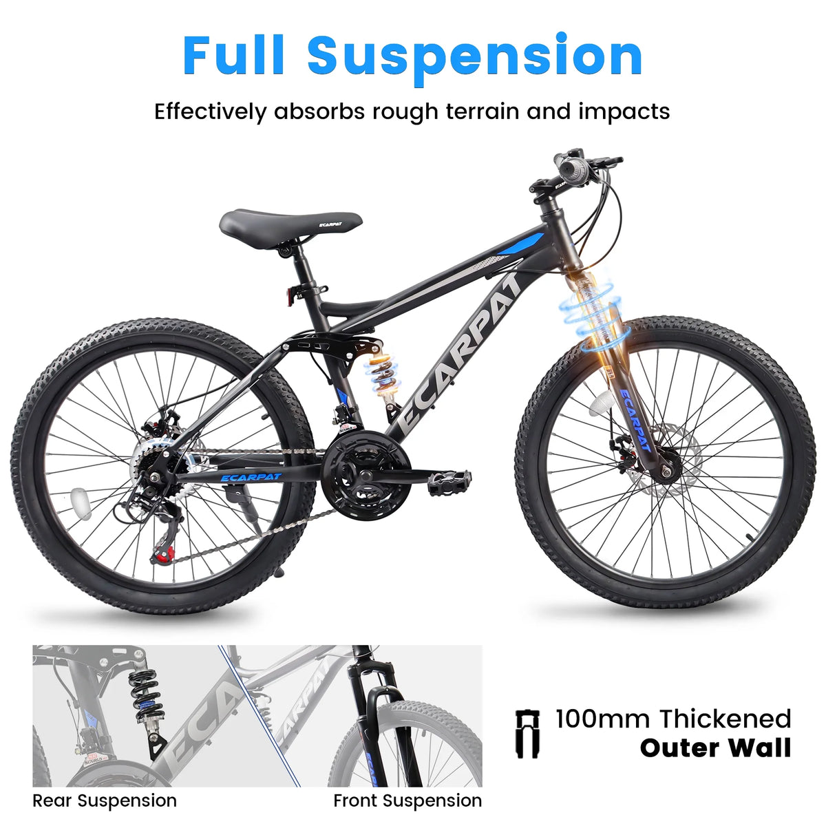 Ecarpat 26 in Mountain Bike, 21 - Speed Bike with Dual Suspension, High - Carbon Steel Frame and Disc Brakes, MTB Commuter Bicycles for Men Women, Black - Blue