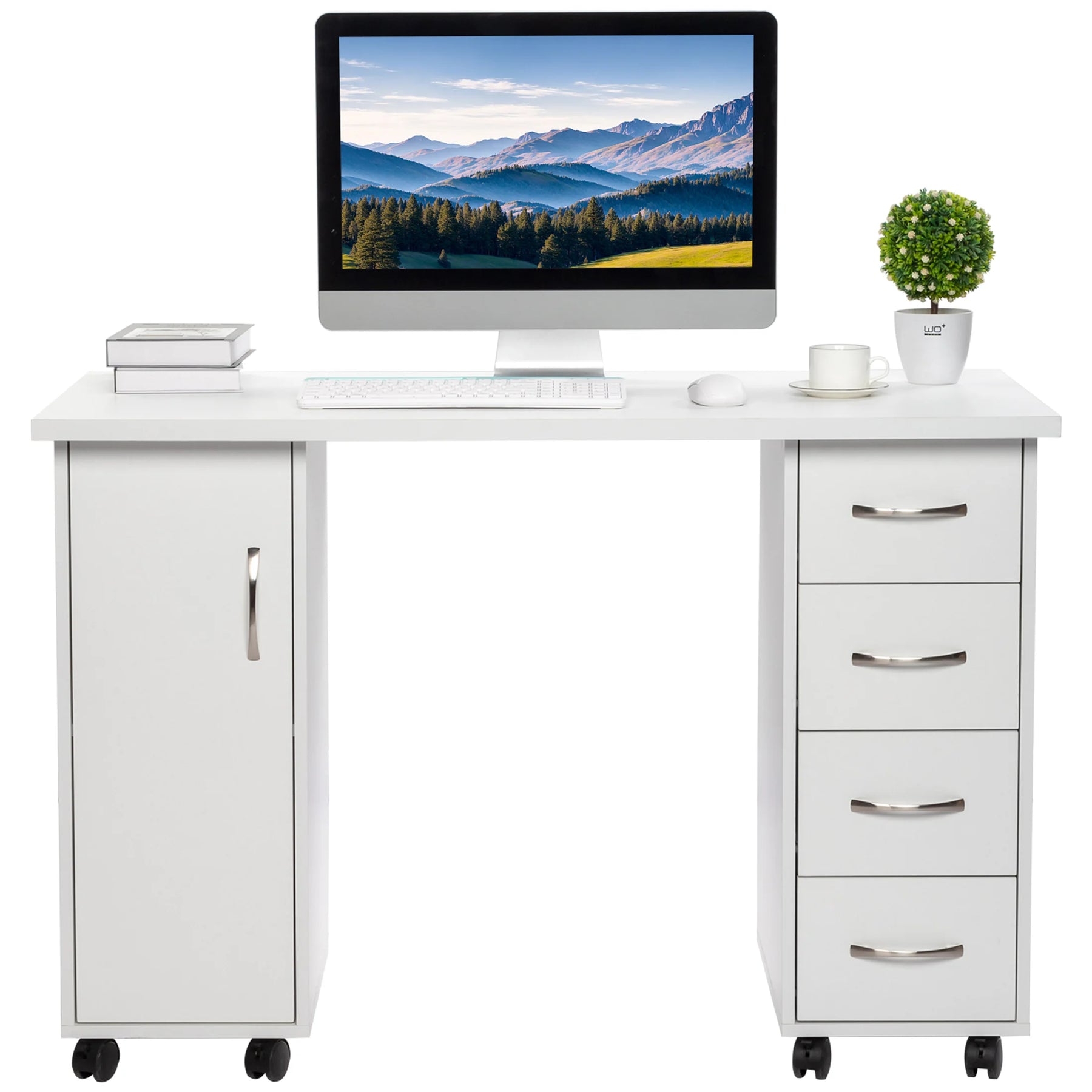 Sesslife White Computer Desk, Writing Desk with Lockable Wheels???modern Wood Study Desk with 4 Drawers for - Product image 9