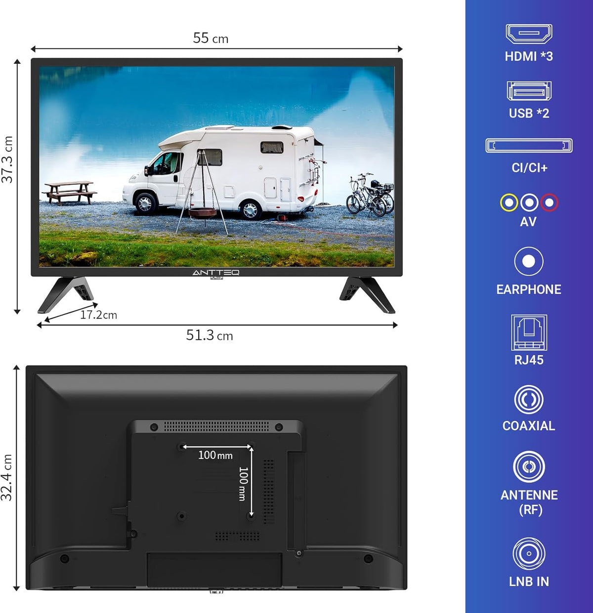 Antteq G24 Smart TV 24 Inches (60 cm) Television 220/12V Bluetooth Compatibility with Google Assistant Triple Tuner (DVB-S2/T2/C) WiFi Bluetooth HDMI USB Screen Mirroring Ideal Camping