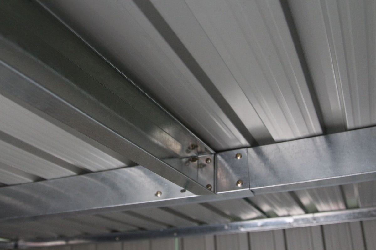 Galvanized Sheet Garden Shed Tool Storage Shed Double Door 2 Vents, 277x191x192cm, Gray and White -