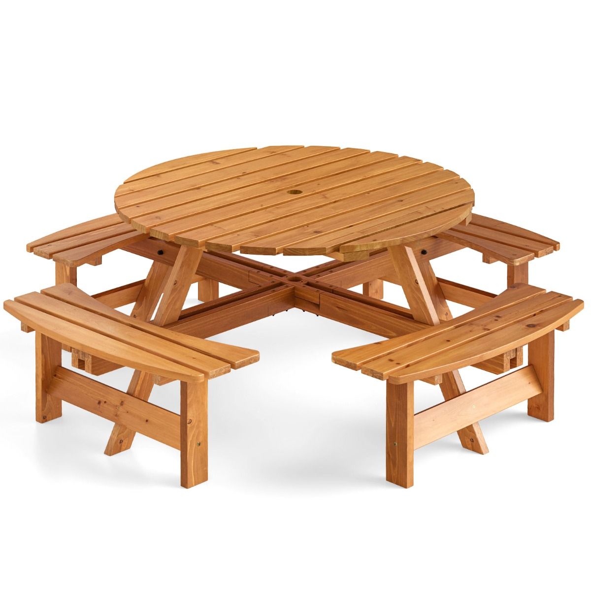 Wooden Picnic Table Set for 2 to 8 People Circular Table and Bench Set with 4 Integrated Benches 5cm Parasol Hole Brown/Yellow -