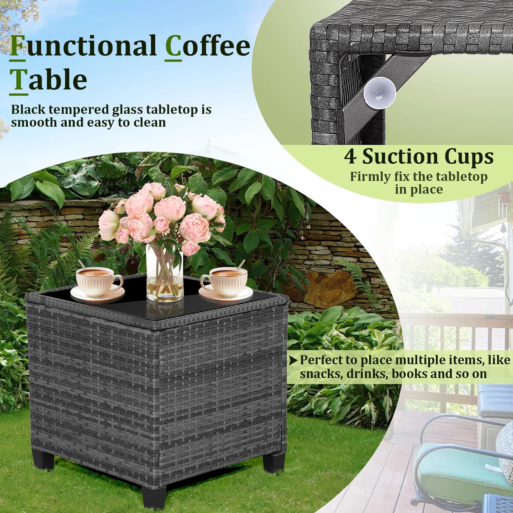 Gymax 3PCS Patio Rattan Sofa Set Outdoor Wicker Conversation Set Glass Tabletop W/ Grey Cushion - Product image 7