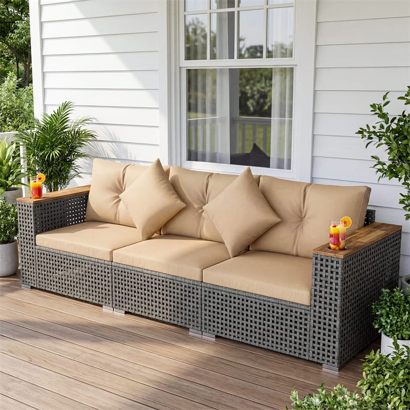 86.5" 3-Seat Patio Wicker Sofa, 3PCS Modular PE Rattan Sectional Furniture Set with Cup Holders & Wood - Product image 12