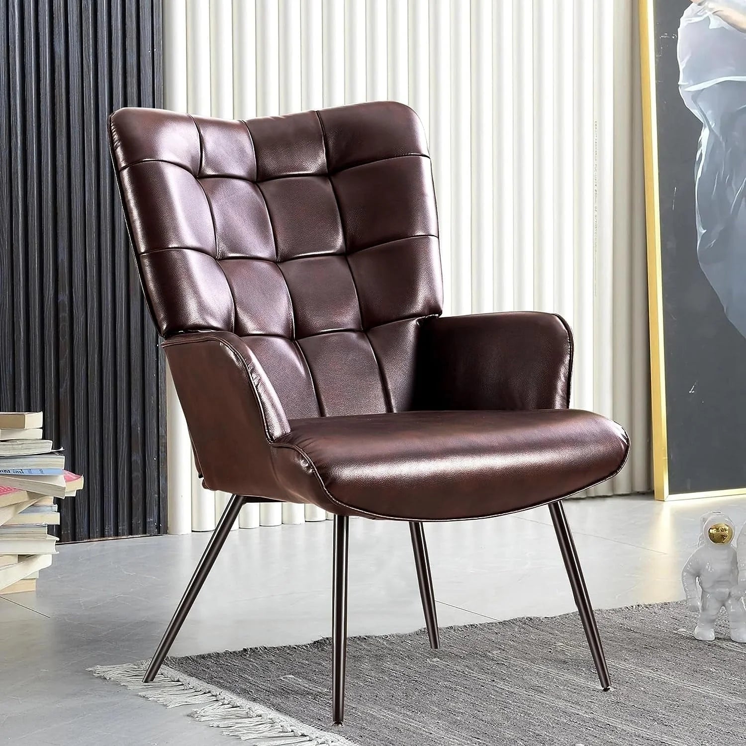Unikome Livingroom Chair Modern Accent Chair, Faux Leather Wingback Accent Chair PU Leather Accent Chair for Home Office/Living Room/Bedroom, Maroon