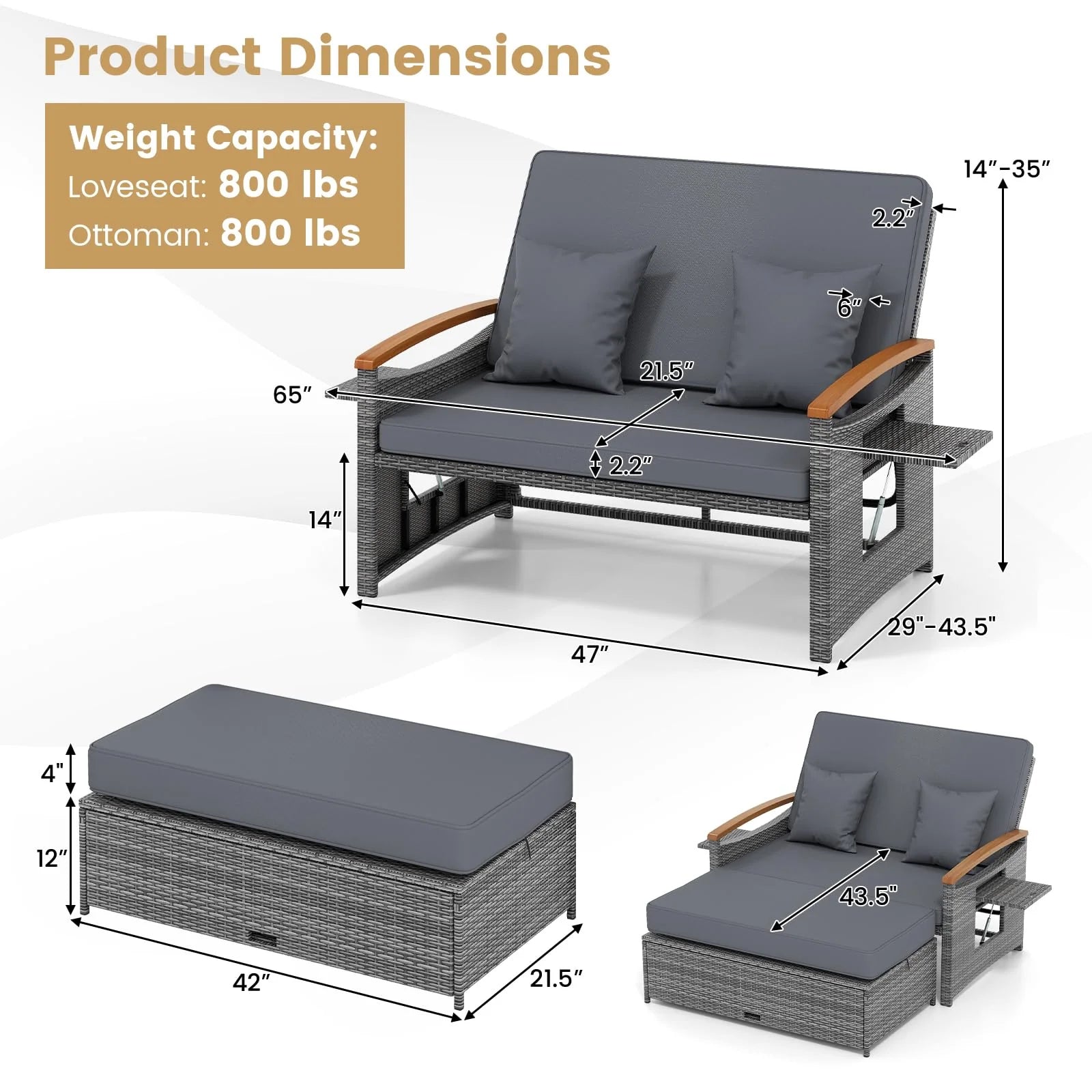 Tangkula Patio Rattan Daybed with 4-Level Adjustable Backrest - Product image 3