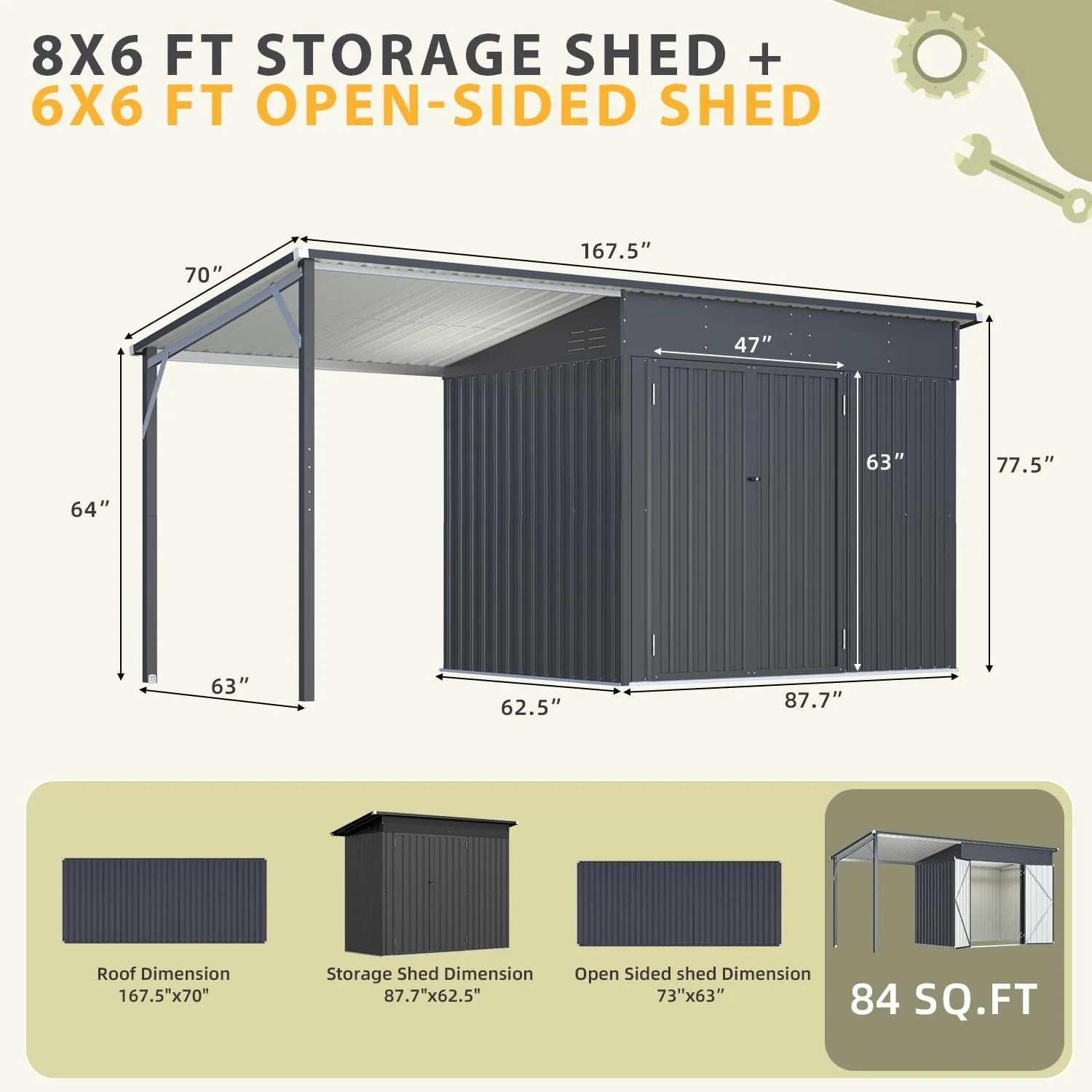 AECOJOY 6'x14' Outdoor Open-Sided Storage Shed with Attached Hardtop Metal Pergola - Product image 3