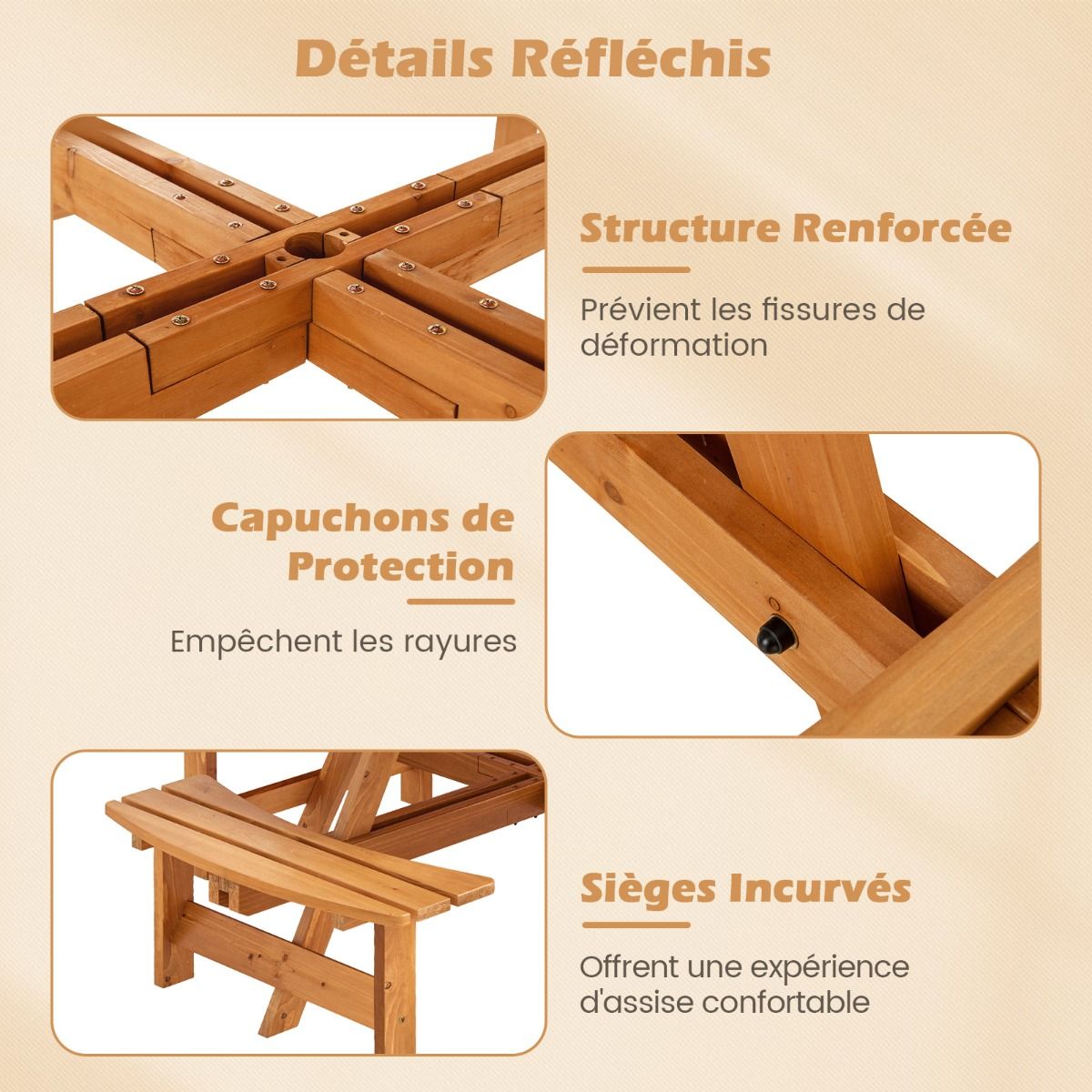 Wooden Picnic Table Set for 2 to 8 People Circular Table and Bench Set with 4 Integrated Benches 5cm Parasol Hole Brown/Yellow -