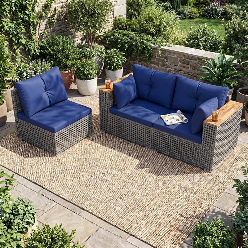 86.5" 3-Seat Patio Wicker Sofa, 3PCS Modular PE Rattan Sectional Furniture Set with Cup Holders & Wood - Product image 30